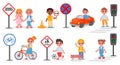 School kids street safety, signs and crosswalk rules. Traffic light go and stop signal. Kid bike and car. Cartoon road