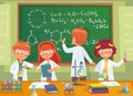 School kids study chemistry. Children pupils studying science and writing at laboratory class blackboard cartoon vector Royalty Free Stock Photo
