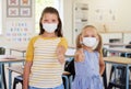 School kids, thumbs up and healthy students wearing masks in a classroom protecting against covid. Portrait of cute Royalty Free Stock Photo