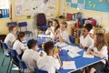 School kids work together on a class project, elevated view