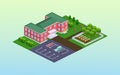 School or kindergarten facade with park isometric. Outdoor childish educational building exterior