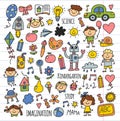 School, kindergarten. Happy children. Creativity, imagination doodle icons with kids. Play, study, grow Happy students