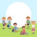 School or kindergarten outdoor on playground with playing kids cartoon vector illustration with isolated objects Royalty Free Stock Photo