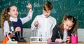 School laboratory. Girls and boy student conduct school experiment with liquids. Group school pupils study chemical