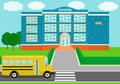 School landscape, schoolhouse, schoolbus. Vector illustration.