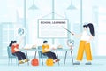 School learning concept in flat design. Pupils in lesson at classroom scene. Boy and girl studying world geography, listening to Royalty Free Stock Photo