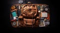 School leather backpack on a desk, for school