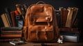 School leather backpack on a desk, for school