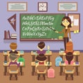 School lesson in classroom with child, pupils and teachers. Vector flat illustration Royalty Free Stock Photo