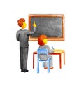 School lesson in classroom. Teacher shows a blackboard. The student girl sits at the table in a chair and writes a pen. Back to Royalty Free Stock Photo