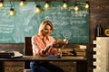 School lesson with pretty female teacher reading book. school time for teaching and studying grammar Royalty Free Stock Photo