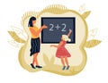 School lesson scene banner for teachers day. Teacher and school girl cartoon characters writing on blackboard Royalty Free Stock Photo