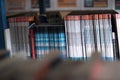 The school library bookshelf seen from inside