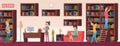 School library. People with books students sitting and reading in biblioteca interior with bookshelves vector background