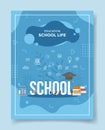 School life people student around school word hat book chemistry glass for template of banners, flyer, books cover, magazines with