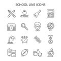 School line icon set. Education flat symbol with teacher, globe, calculator, alarm clock, pencil. Vector illustration