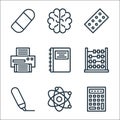school line icons. linear set. quality vector line set such as calculator, science, highlighter, abacus, agenda, printer, color