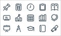 school line icons. linear set. quality vector line set such as degrees, mortarboard, presentation, book, compass, blackboard,