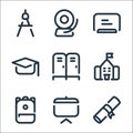 school line icons. linear set. quality vector line set such as degrees, presentation, backpack, university, locker, mortarboard,