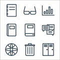 school line icons. linear set. quality vector line set such as lockers, trash bin, globe, talk, book, book, chart, spectacle Royalty Free Stock Photo