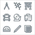 School line icons. linear set. quality vector line set such as notes, pencil, protractor, briefcase, bell, bus, presentation,