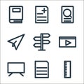 school line icons. linear set. quality vector line set such as ruler, file, whiteboard, play, directions, send, data searching,