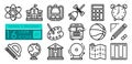 School linear icons set. Structure of atom, backpack, calculator, road to school by bus. Physical education lessons, geography.