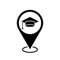 school location map pointer, graduation hat icon with location pin, black symbol isolated on white background, vector