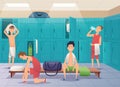 School locker room. Sport gym locker with kids in college vector cartoon background