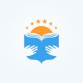 School logo. Open book in palms and sun. Knowledge and education symbol. Library and bookstore logotype template. Vector