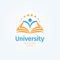 School logo. Open book and student silhouette. Knowledge and education symbol. University, Library and bookstore