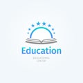 School logo. Open book and sun. Knowledge and education symbol. Library and bookstore logotype template. Vector Royalty Free Stock Photo