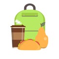 School lunch box. Children`s lunch bag with sandwich, fruit and other food. Kids school lunches icons in flat style.