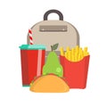 School lunch box. Children`s lunch bag with sandwich, soda, fruit and other food. Kids school lunches icons in flat Royalty Free Stock Photo