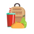 School lunch box. Children`s lunch bag with sandwich, soda, fruit and other food. Kids school lunches icons in flat