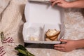 School lunch box for kids. Back to school. Child's hands. Top view, flat lay Royalty Free Stock Photo