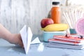 School lunch box for kids. Back to school. Cooking. Child`s hands. Top view, Royalty Free Stock Photo