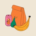 School lunch box, paper bag. Various food. Hand drawn Vector illustration. Royalty Free Stock Photo