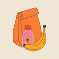 School lunch box, paper bag. Various food. Hand drawn Vector illustration. Royalty Free Stock Photo