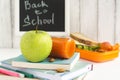 School lunch box with sandwich, fruits and nuts