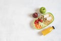 School lunch box with sandwich, vegetables, water, fruits Healthy eating habits concept - background layout with free text space. Royalty Free Stock Photo