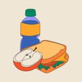 School lunch box. Various food, sandwich, water, apple. Hand drawn Vector illustration. Royalty Free Stock Photo