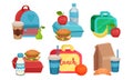 School Lunch Boxes Collection, Snacks Bags with Food for Kids Vector Illustration Royalty Free Stock Photo