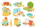 School lunch boxes flat icons set. Tasty snack for children. Pear, banana, grapes fruits, tasty sweet cookies