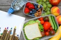 School lunch boxes with sandwich, fruits, vegetables and bottle of water with colored pencils