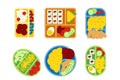 School lunch boxes set, isolated vector illustration. Snacks in plastic colorful containers with italian, asian