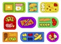 School lunch boxes of various shapes and colors flat set. Plastic food storage containers, packaging.