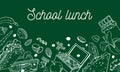 School lunch composition. Food containers, sandwiches, lunchbox nuts and fruits on the bottom of the page Royalty Free Stock Photo