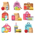 School lunch food boxes and kids bags vector flat icons Royalty Free Stock Photo