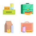 School lunch icons set cartoon . Container with homemade snack and fruit